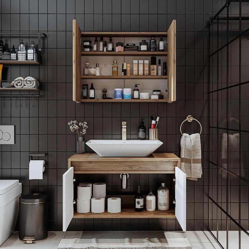 Mobile bagno sospeso lavabo specchio 85 cm rovere bianco Corallo