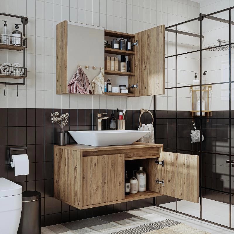 Mobile bagno sospeso lavabo specchio 85 cm rovere Corallo