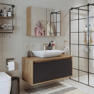 Mobile bagno sospeso lavabo specchio 100 cm rovere antracite Corallo
