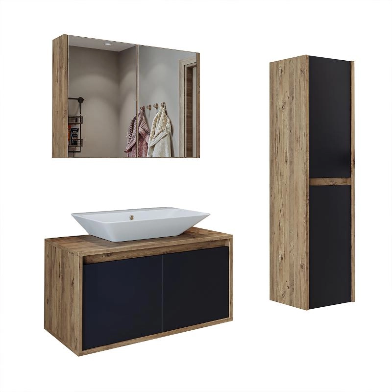Mobile bagno sospeso lavabo specchio colonna 85 cm rovere antracite Corallo