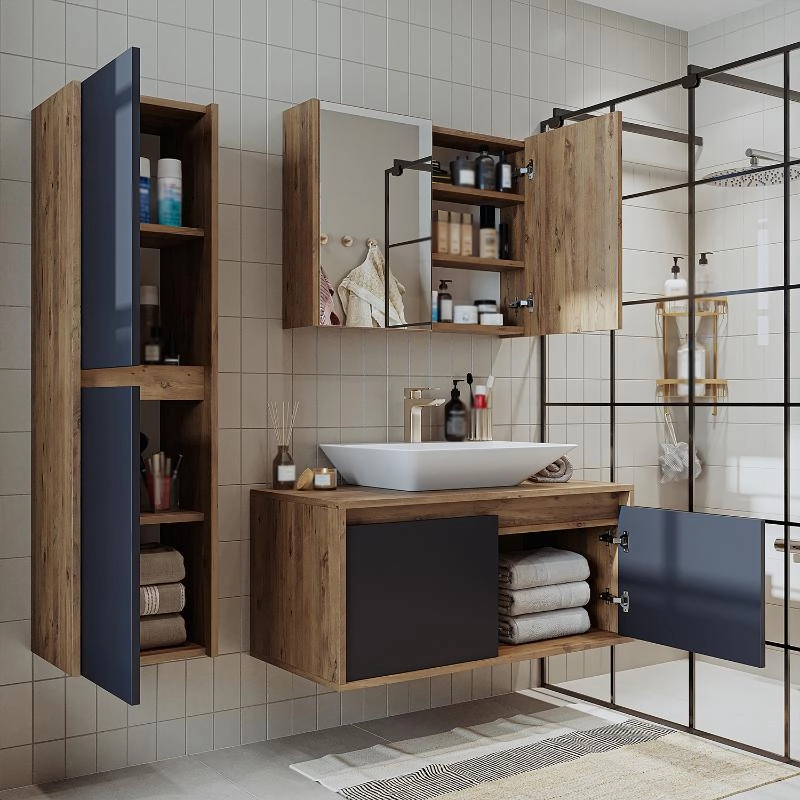 Mobile bagno sospeso lavabo specchio colonna 100 cm rovere antracite Corallo