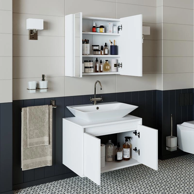 Mobile bagno sospeso lavabo specchio 65 cm bianco Corallo