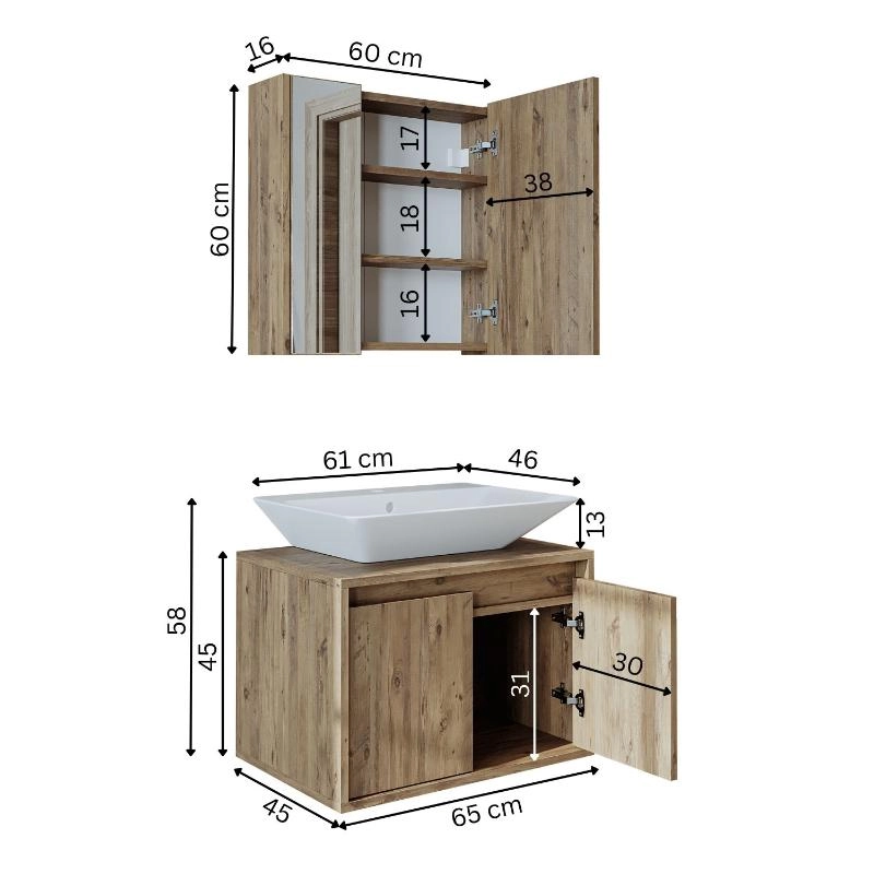 Mobile bagno sospeso lavabo specchio 65 cm rovere Corallo