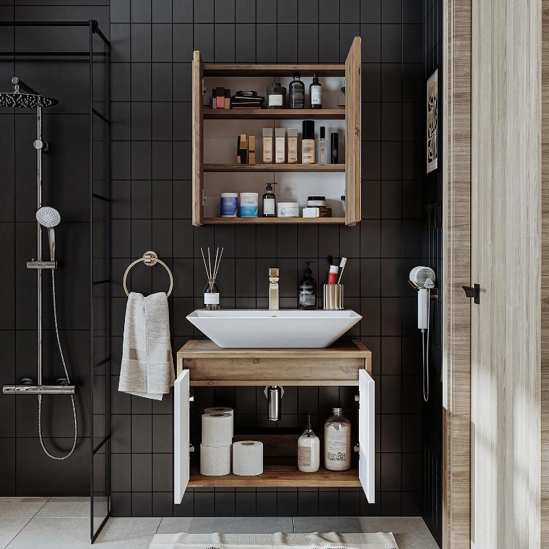 Mobile bagno sospeso lavabo specchio 65 cm rovere bianco Corallo