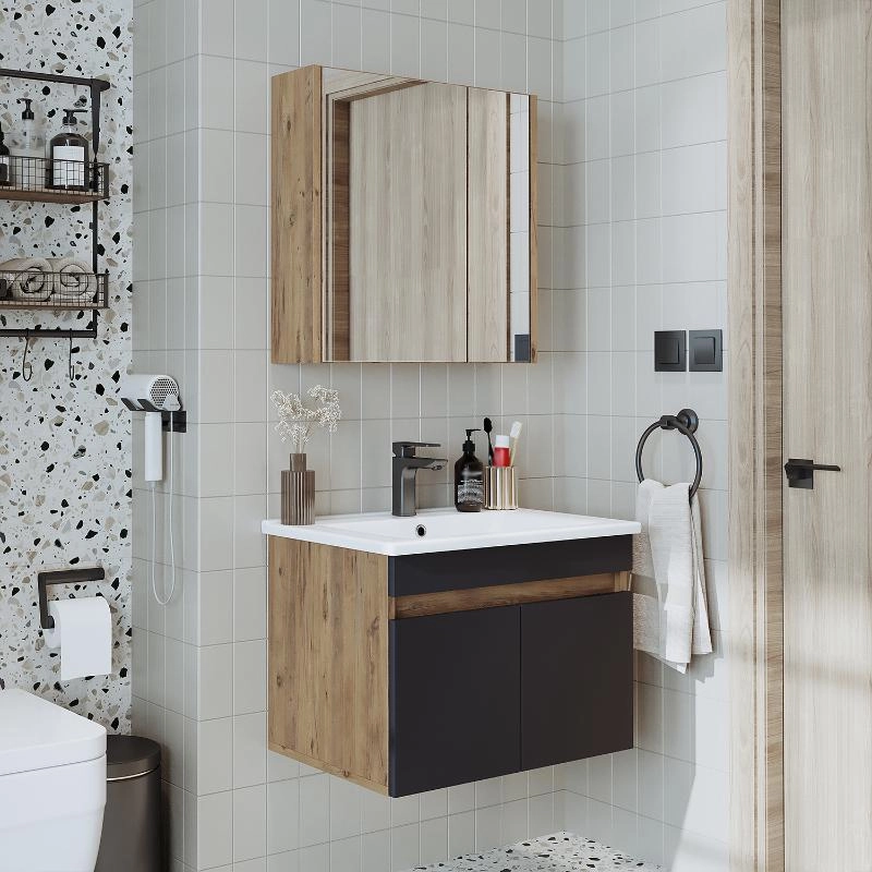 Mobile bagno sospeso lavabo specchio contenitore 65 cm rovere antracite Nerea