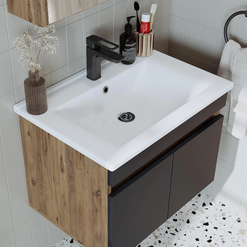 Mobile bagno sospeso lavabo specchio contenitore 65 cm rovere antracite Nerea