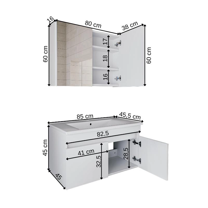 Mobile bagno sospeso lavabo specchio contenitore 85 cm bianco Nerea