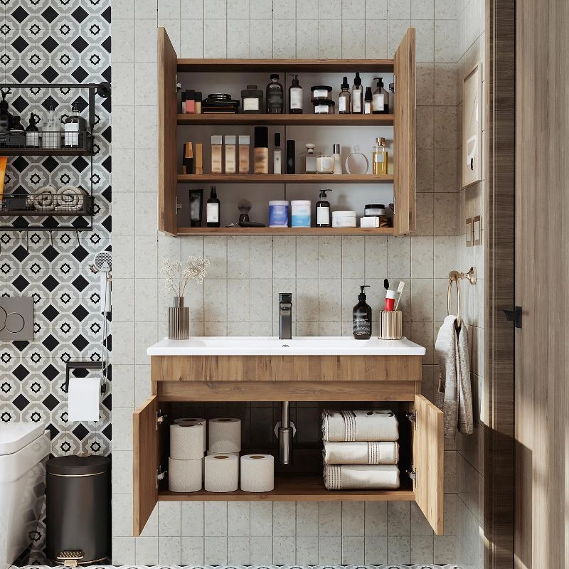 Mobile bagno sospeso lavabo specchio contenitore 85 cm rovere Nerea