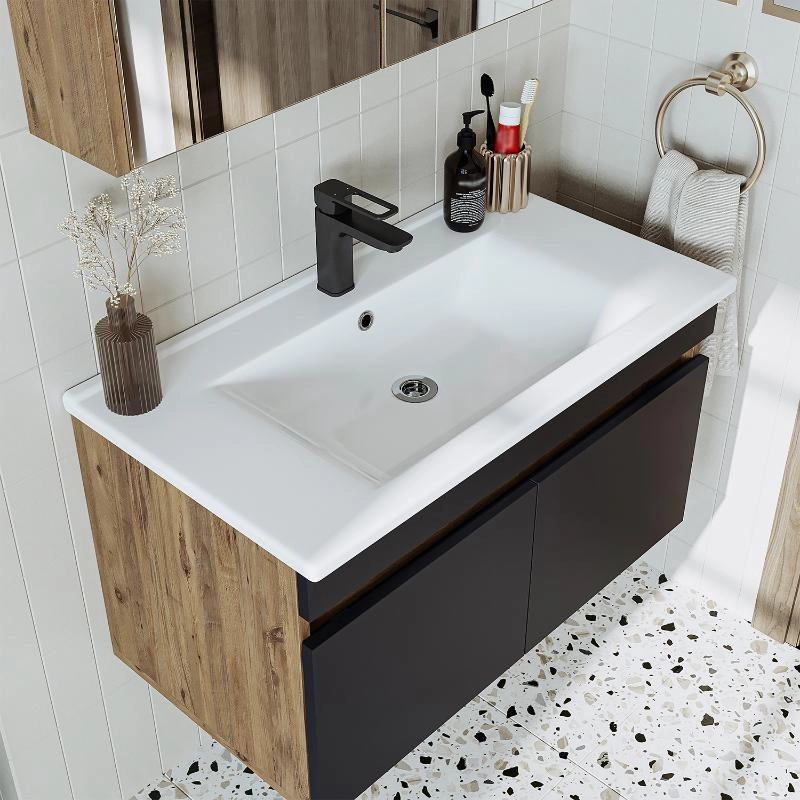 Mobile bagno sospeso lavabo specchio contenitore 85 cm rovere antracite Nerea