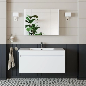 Mobile bagno sospeso lavabo specchio contenitore 100 cm bianco Nerea
