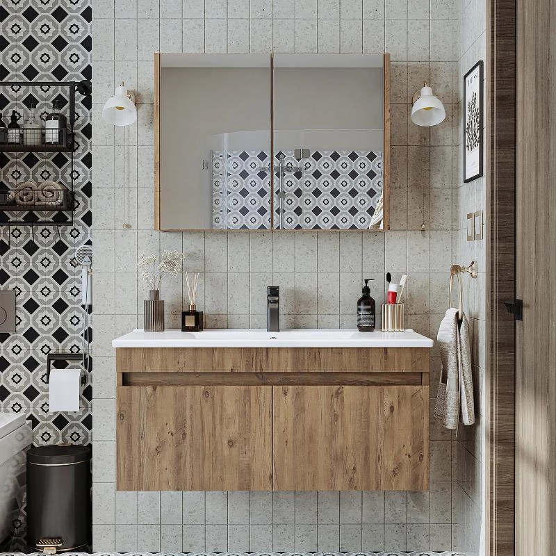 Mobile bagno sospeso lavabo specchio contenitore 100 cm rovere Nerea