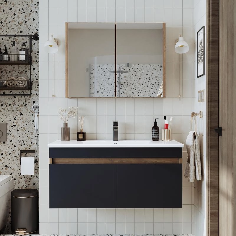 Mobile bagno sospeso lavabo specchio contenitore 100 cm rovere antracite Nerea