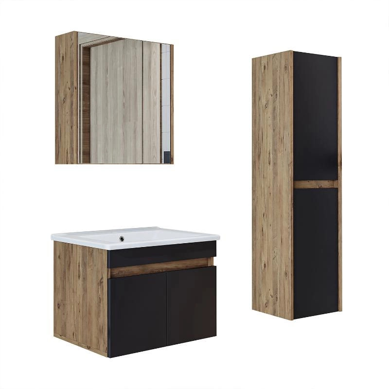 Mobile bagno sospeso lavabo specchio contenitore colonna 65 cm rovere antracite Nerea