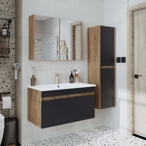 Mobile bagno sospeso lavabo specchio contenitore colonna 85 cm rovere antracite Nerea