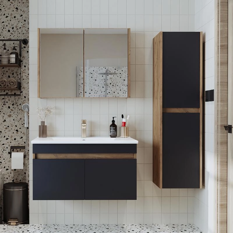 Mobile bagno sospeso lavabo specchio contenitore colonna 85 cm rovere antracite Nerea