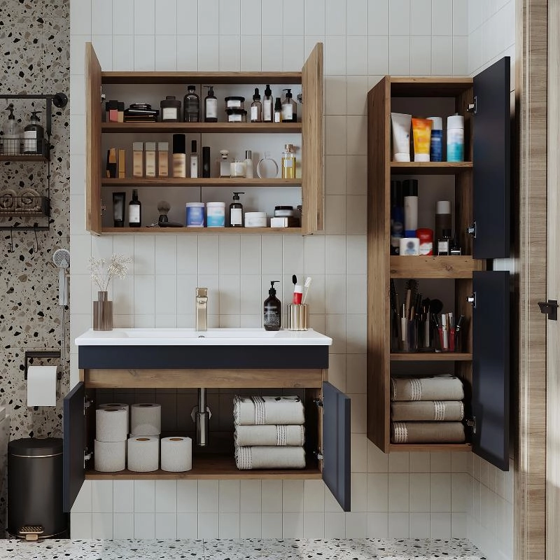 Mobile bagno sospeso lavabo specchio contenitore colonna 85 cm rovere antracite Nerea