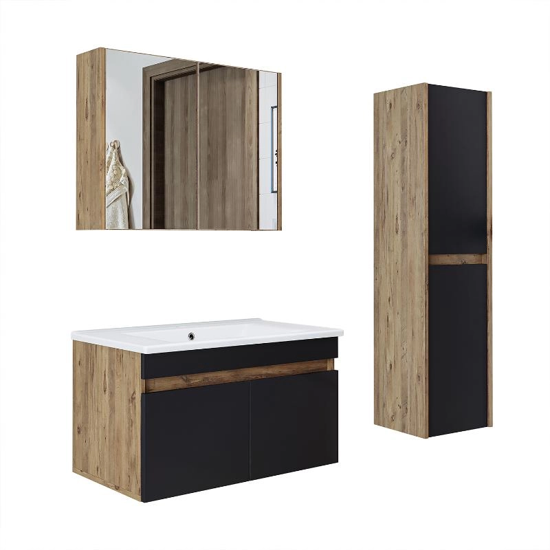 Mobile bagno sospeso lavabo specchio contenitore colonna 85 cm rovere antracite Nerea