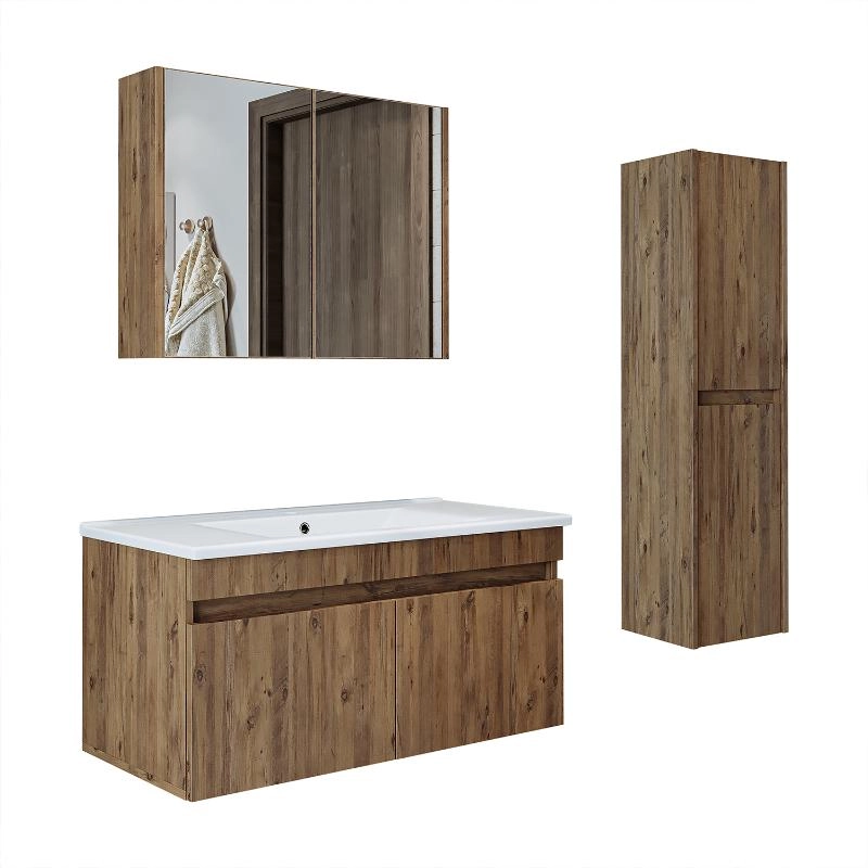 Mobile bagno sospeso lavabo specchio contenitore colonna 100 cm rovere Nerea