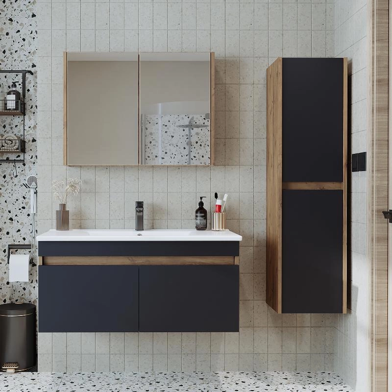 Mobile bagno sospeso lavabo specchio contenitore colonna 100 cm rovere antracite Nerea