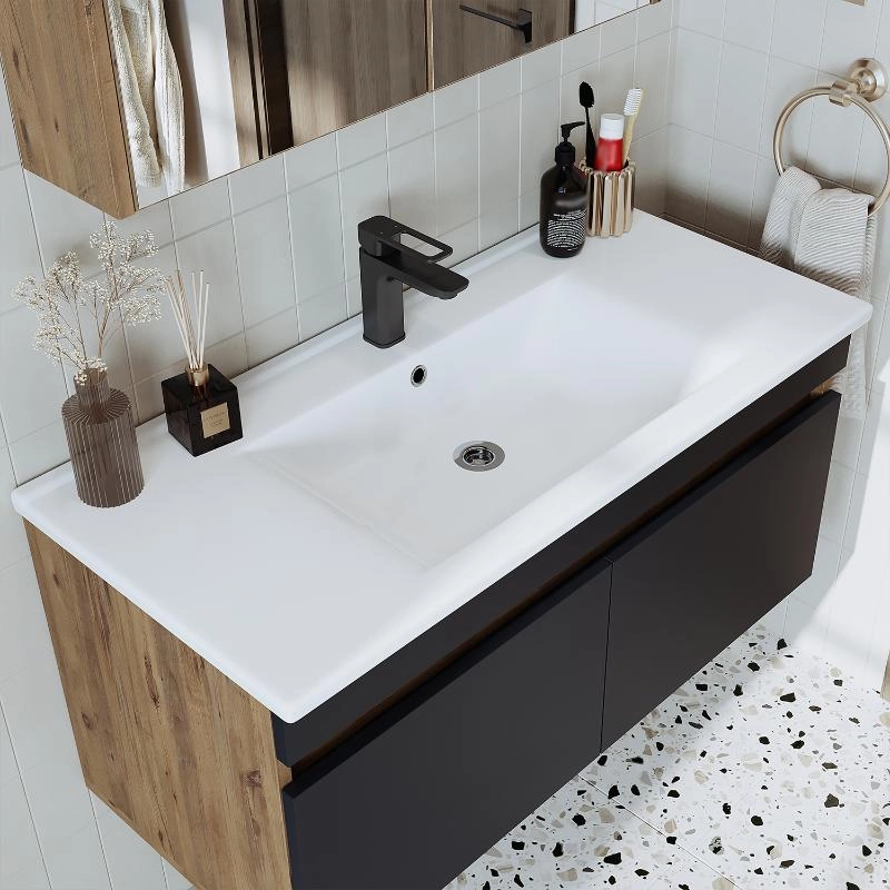 Mobile bagno sospeso lavabo specchio contenitore colonna 100 cm rovere antracite Nerea