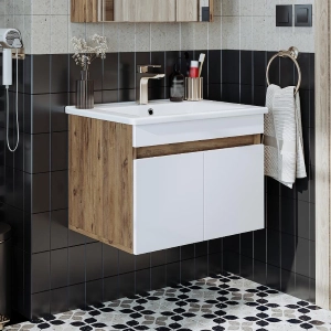 Mobile bagno sospeso lavabo integrato 65 cm rovere bianco Nerea