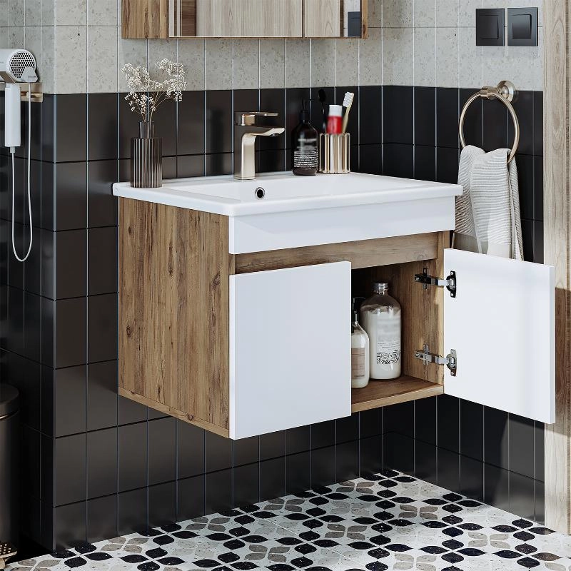 Mobile bagno sospeso lavabo integrato 65 cm rovere bianco Nerea