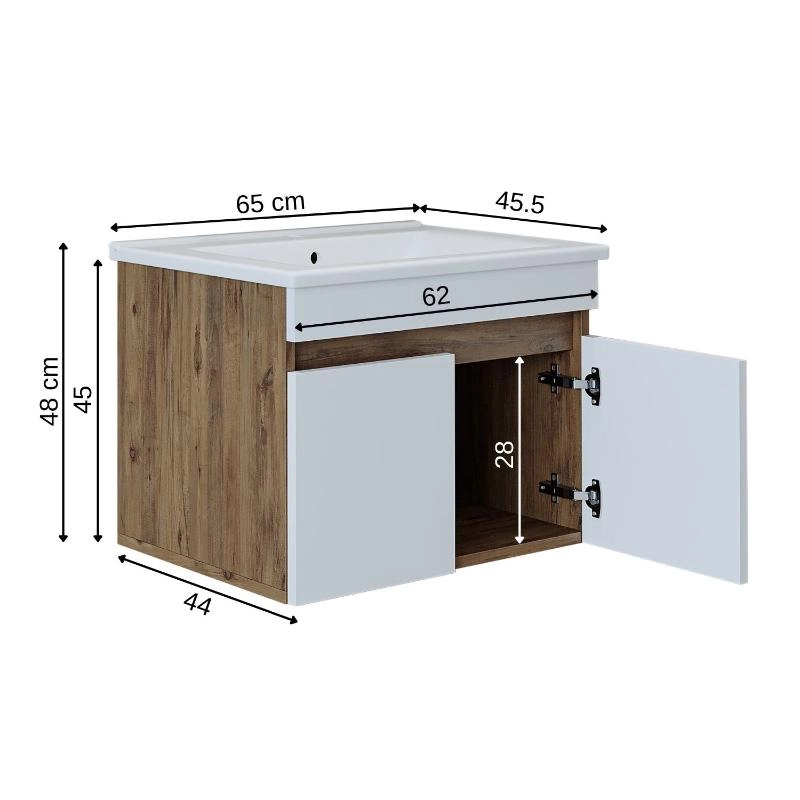Mobile bagno sospeso lavabo integrato 65 cm rovere bianco Nerea
