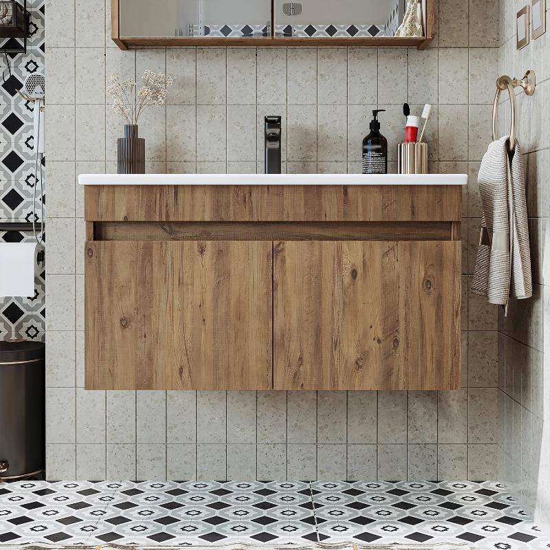 Mobile bagno sospeso lavabo integrato 85 cm rovere Nerea