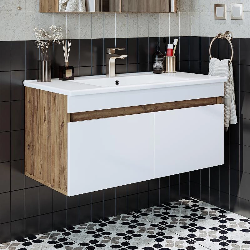 Mobile bagno sospeso lavabo integrato 100 cm rovere bianco Nerea