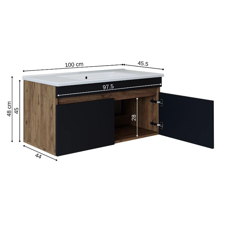 Mobile bagno sospeso lavabo integrato 100 cm rovere antracite Nerea