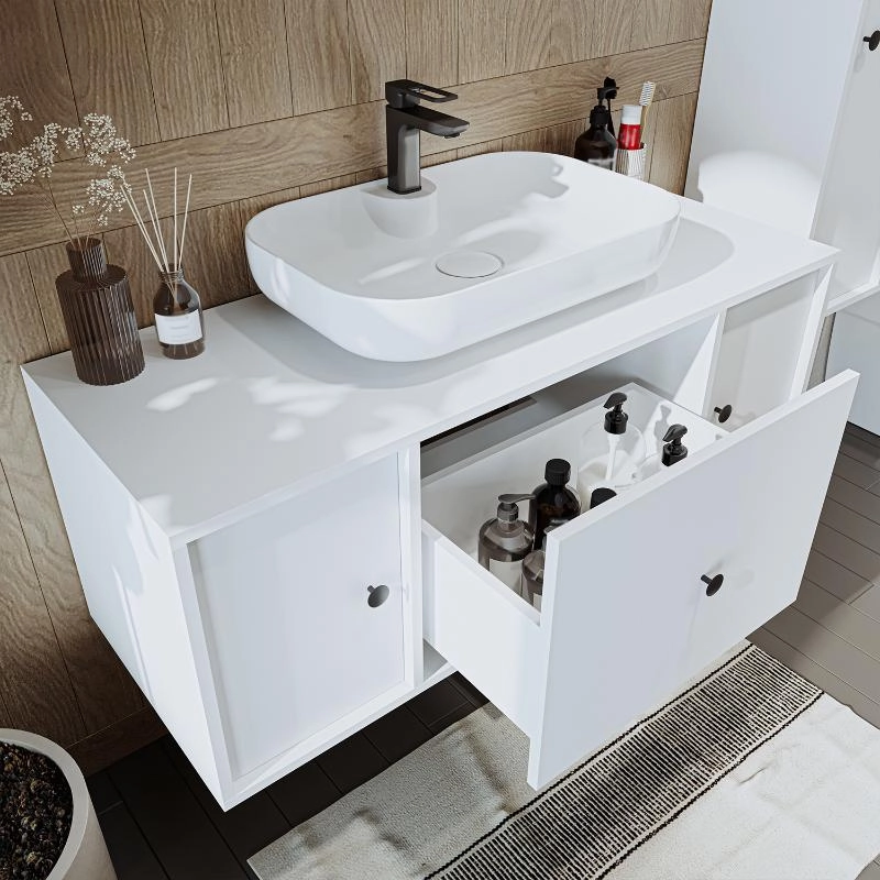 Mobile bagno sospeso lavabo appoggio specchio 120 cm bianco Lido