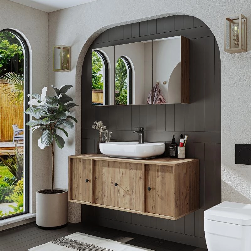 Mobile bagno sospeso lavabo appoggio specchio 120 cm rovere Lido
