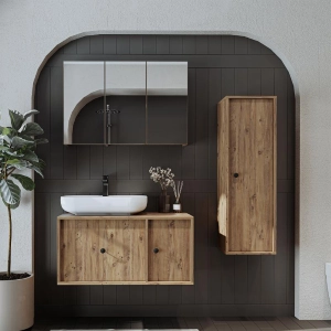 Mobile bagno sospeso lavabo appoggio specchio colonna 90 cm rovere Lido