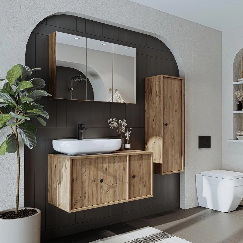 Mobile bagno sospeso lavabo appoggio specchio colonna 90 cm rovere Lido
