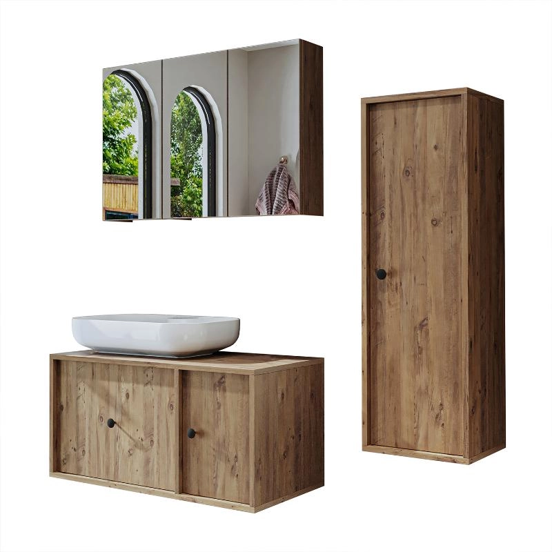 Mobile bagno sospeso lavabo appoggio specchio colonna 90 cm rovere Lido