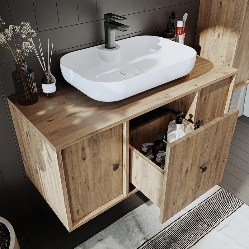 Mobile bagno sospeso lavabo appoggio specchio colonna 105 cm rovere Lido