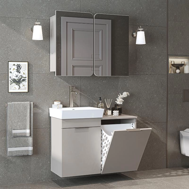Mobile bagno sospeso lavabo specchio cesto portabiancheria 92 cm tortora Levante
