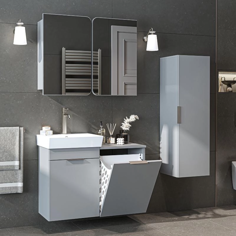 Mobile bagno sospeso lavabo cesto portabiancheria colonna 127 cm grigio Levante