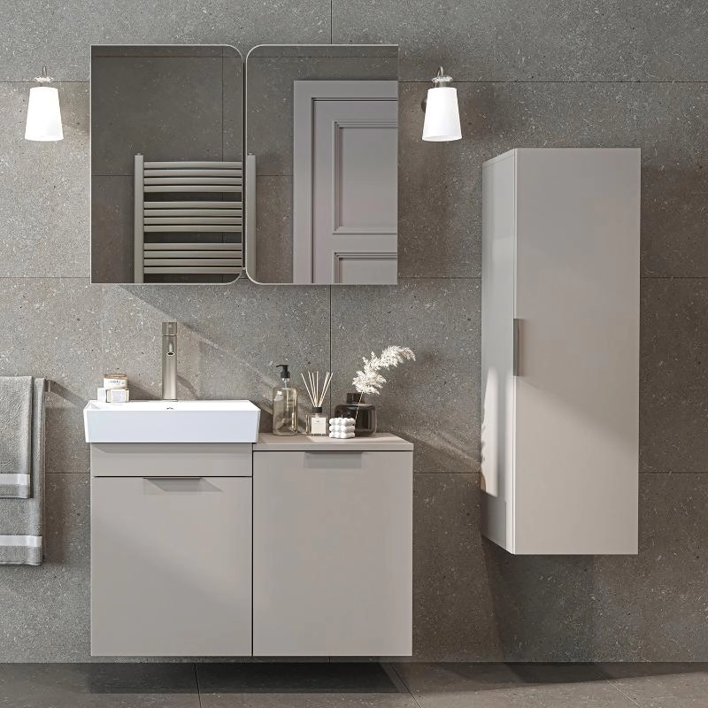 Mobile bagno sospeso lavabo cesto portabiancheria colonna 127 cm tortora Levante
