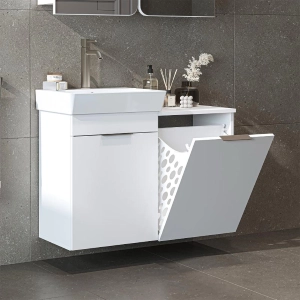 Mobile bagno sospeso lavabo cesto portabiancheria 92 cm bianco Levante