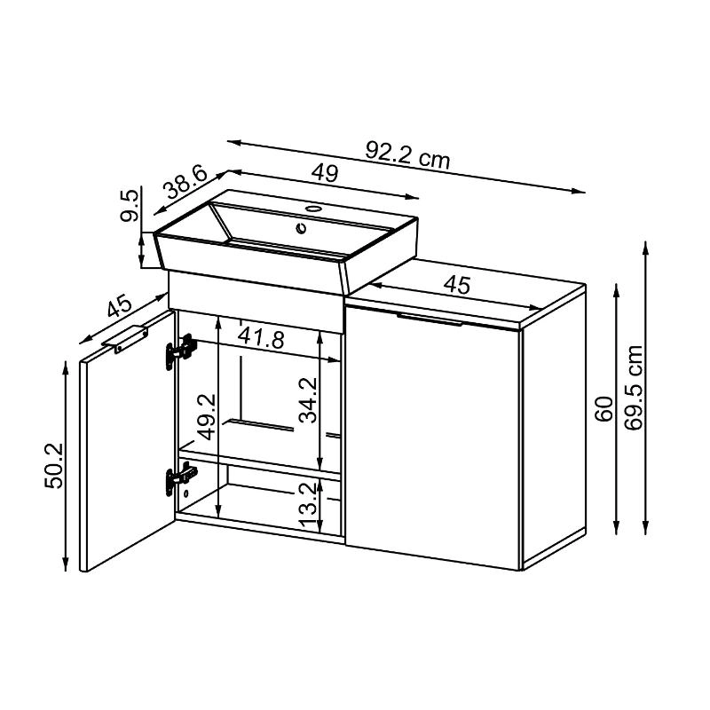 Mobile bagno sospeso lavabo cesto portabiancheria 92 cm grigio Levante
