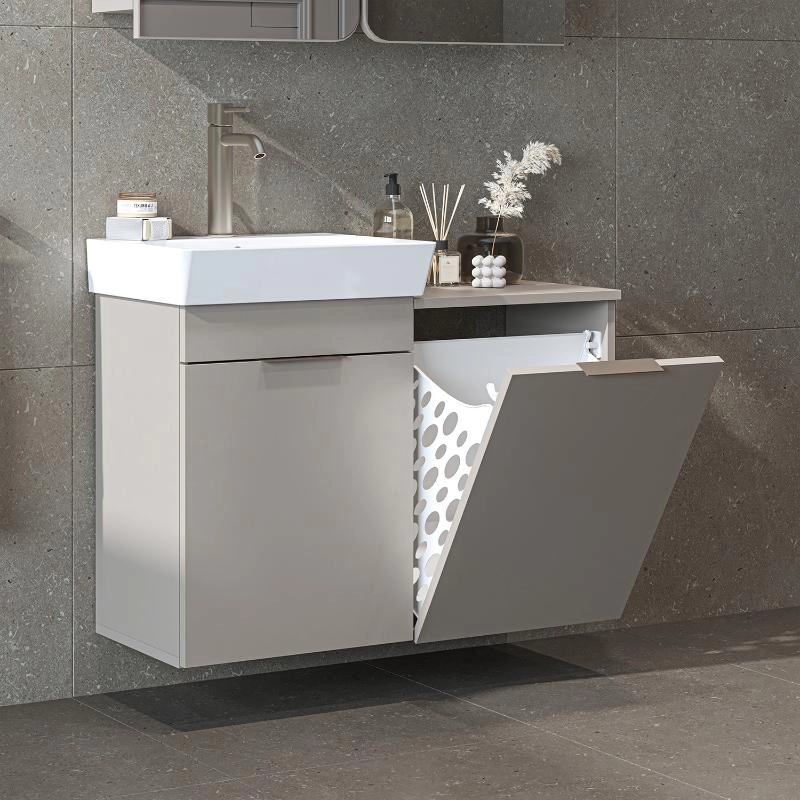 Mobile bagno sospeso lavabo cesto portabiancheria 92 cm tortora Levante