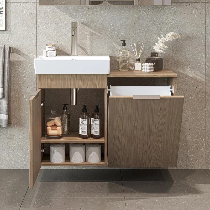 Mobile bagno sospeso lavabo cesto portabiancheria 92 cm rovere Levante