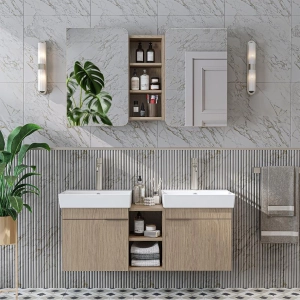 Mobile bagno sospeso doppio lavabo specchio 120 cm rovere Mistral