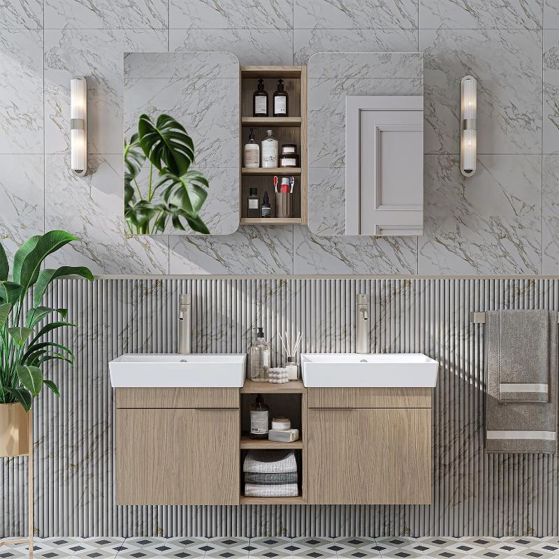 Mobile bagno sospeso doppio lavabo specchio 120 cm rovere Mistral