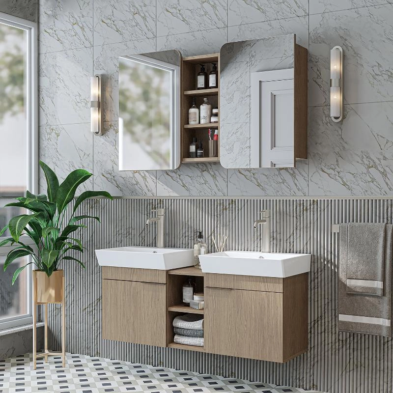 Mobile bagno sospeso doppio lavabo specchio 120 cm rovere Mistral