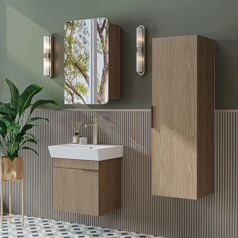Mobile bagno sospeso lavabo specchio colonna 50 cm rovere Mistral