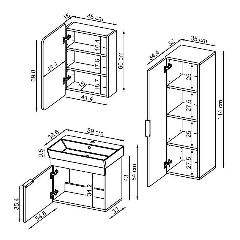 Mobile bagno sospeso lavabo specchio colonna 60 cm tortora Mistral