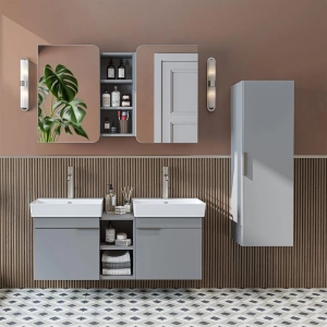 Mobile bagno sospeso doppio lavabo specchio colonna 120 cm grigio Mistral