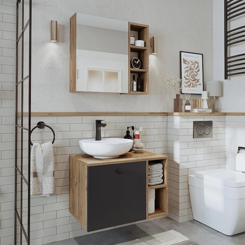Mobile bagno sospeso lavabo appoggio specchio 65 cm rovere antracite Ocean